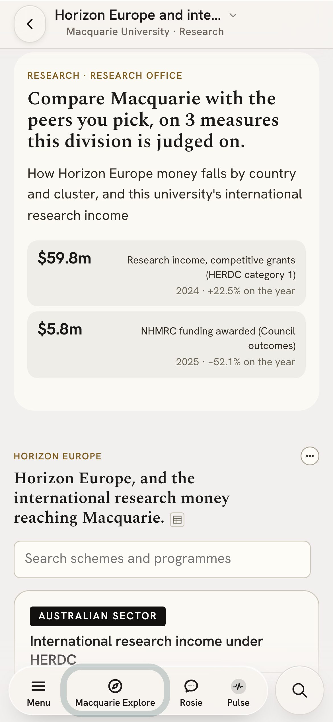 The Horizon Europe page on a phone