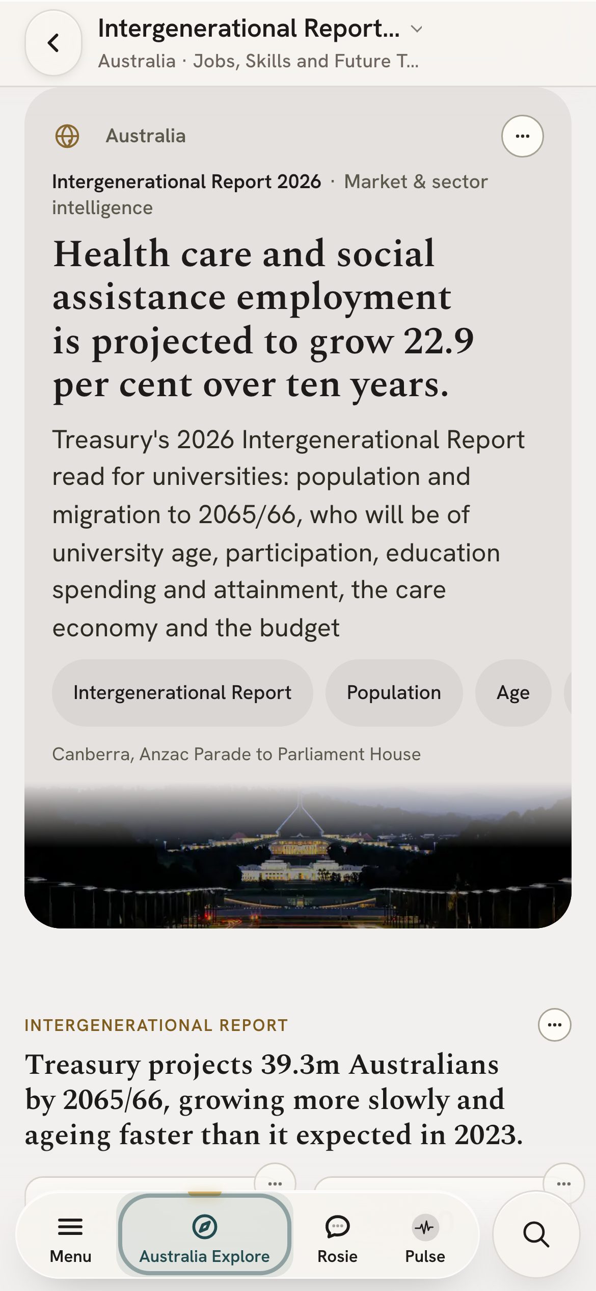 The Intergenerational Report page on a phone