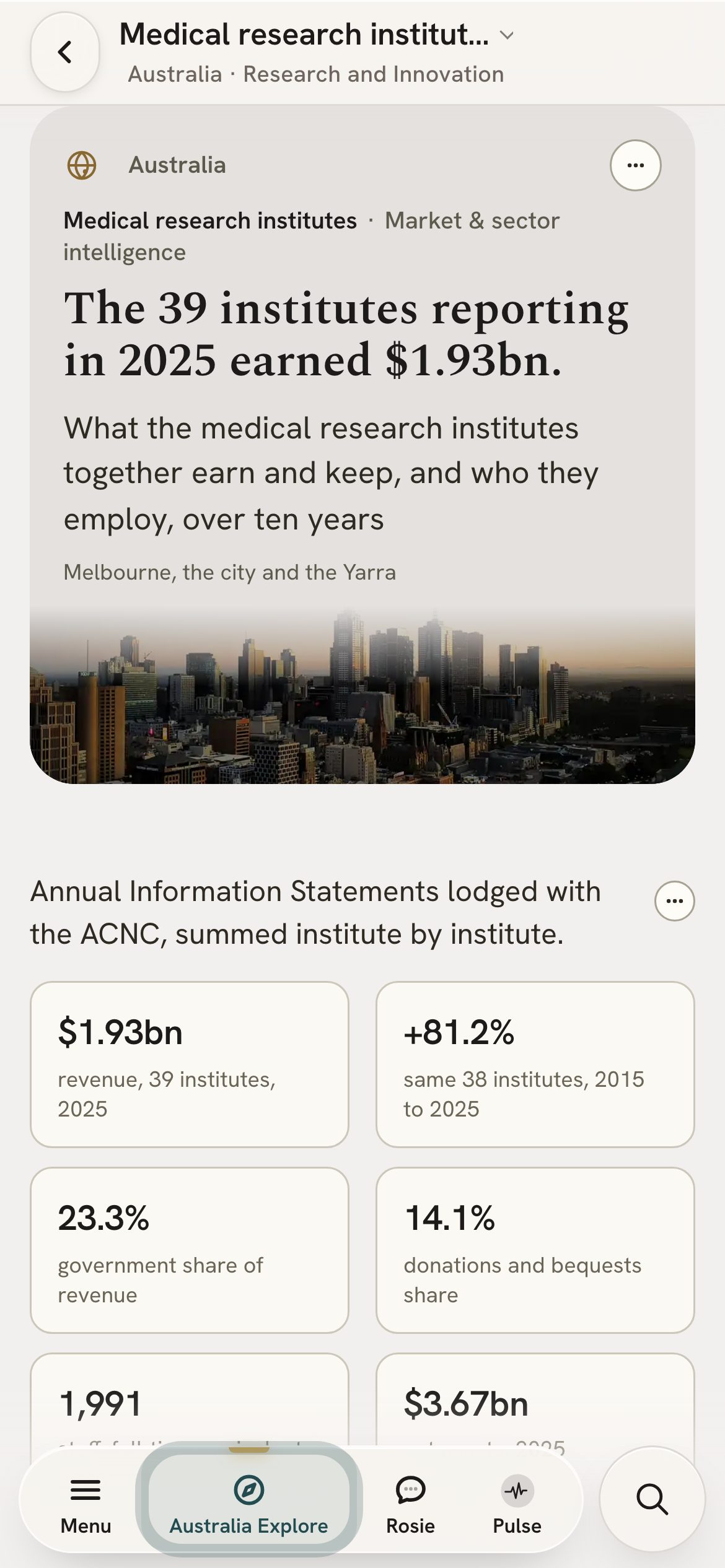 The medical research institutes page on a phone