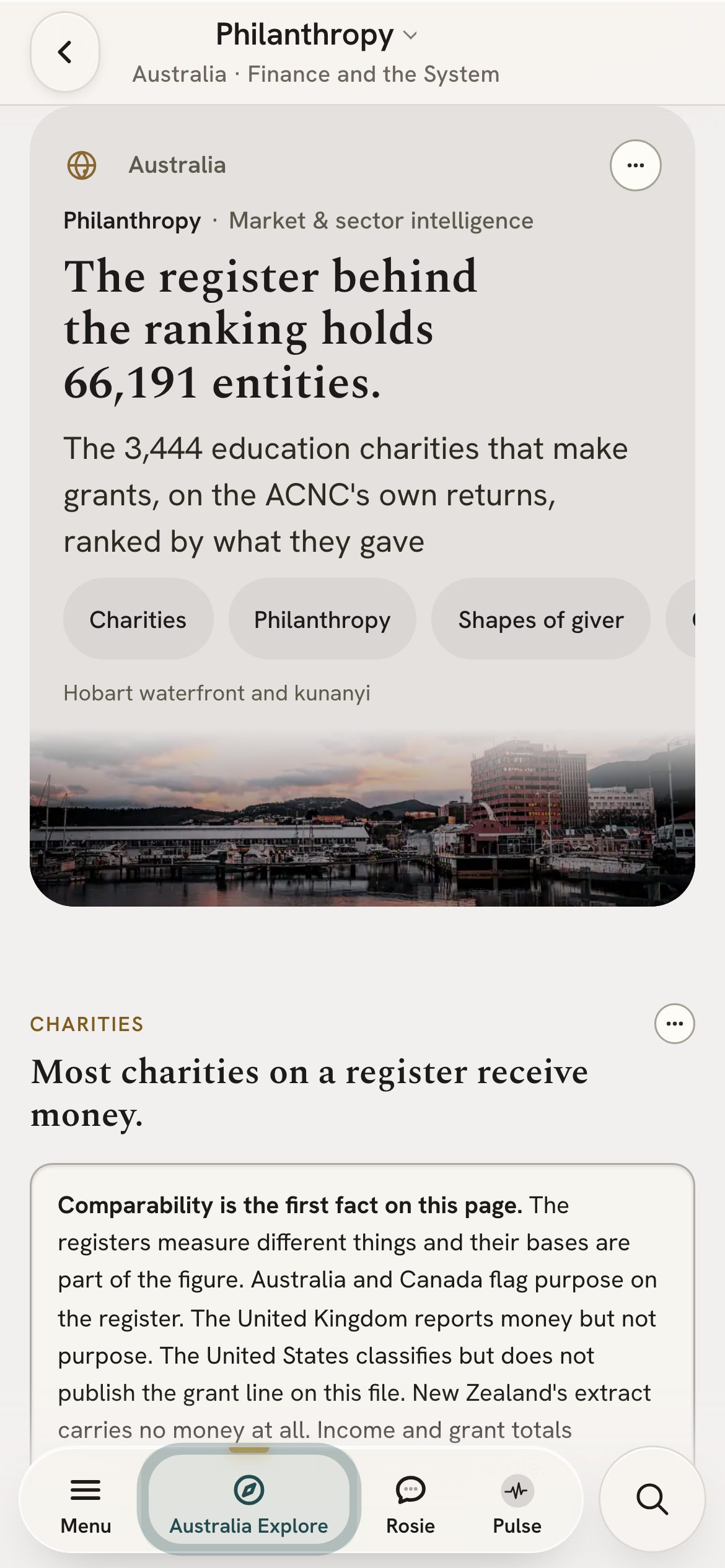 The philanthropy and giving page on a phone
